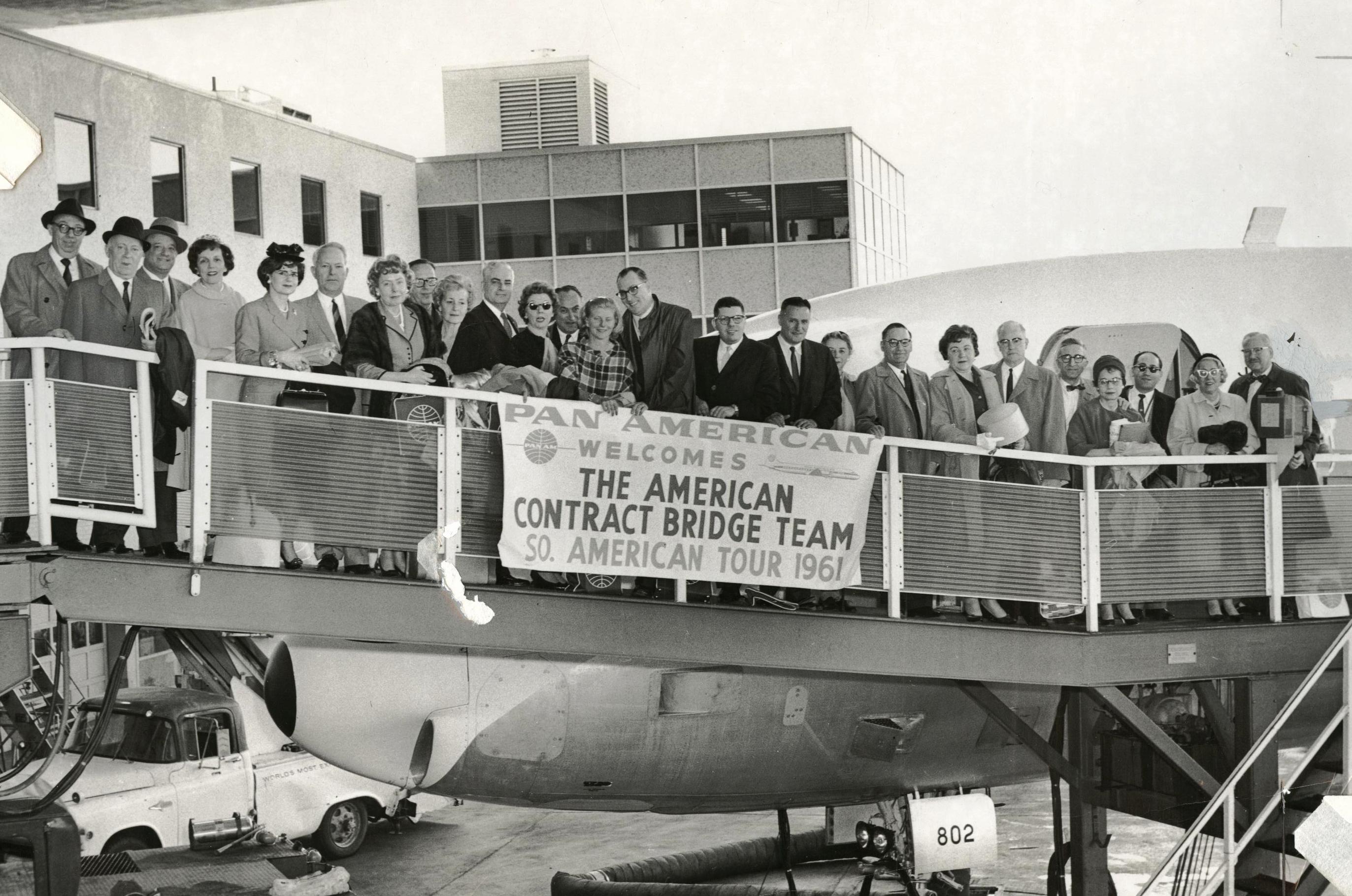 Dick Frey, ?, Charles Solomon, Peggy Solomon, ?, Paul Hodge, ?, ?, ?, John Gerber, Helen Sobel, Charles Goren, ?, Peter Leventritt, Norman Kay, Sidney Silodor, ?, ?, ?, ?, Alvin Landy, ?, ?, Mrs. Manchester, Max Manchester (Click image to view larger size)